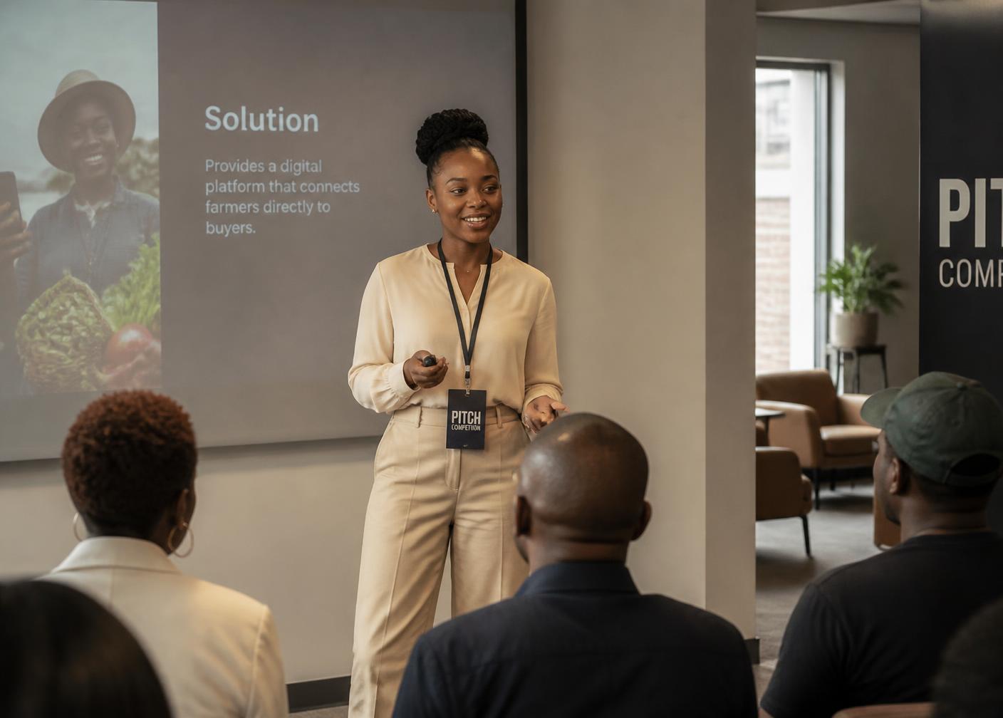 Entrepreneur presenting her venture at a pitch session